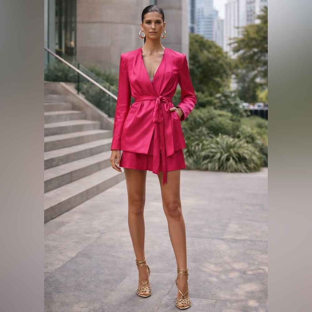 🌺 NWT ZARA Womens Blazer Wrinkle Effect Belted fuchsia Hot Pink relaxed fit M